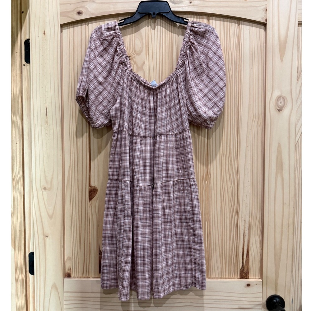 Old Navy Women Mauve Plaid Tiered Mini Dress Puff Sleeve Square Neck M NEW